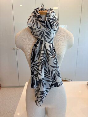 J. Jill, 100% Silk Scarf / Wrap Black and White Leaves 26" x 76"